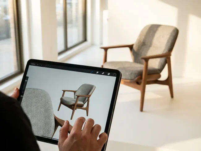 Modern armchair displayed on tablet screen with customer's hand touching fabric texture, physical chair visible behind in minimalist showroom
