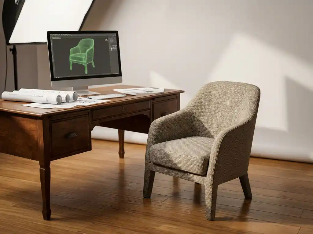 Modern 3D rendered armchair beside wooden desk with design blueprints and computer showing wireframe modeling software