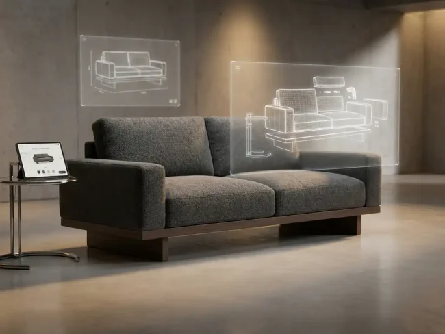 Modern 3D rendered sofa in minimalist showroom with holographic interface elements and furniture configurator tablet