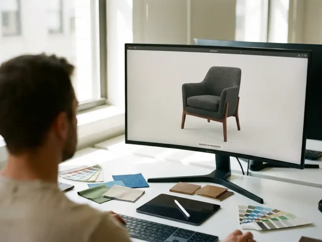Modern armchair 3D model rotating on computer monitor with fabric textures, color swatches on designer's desk workspace