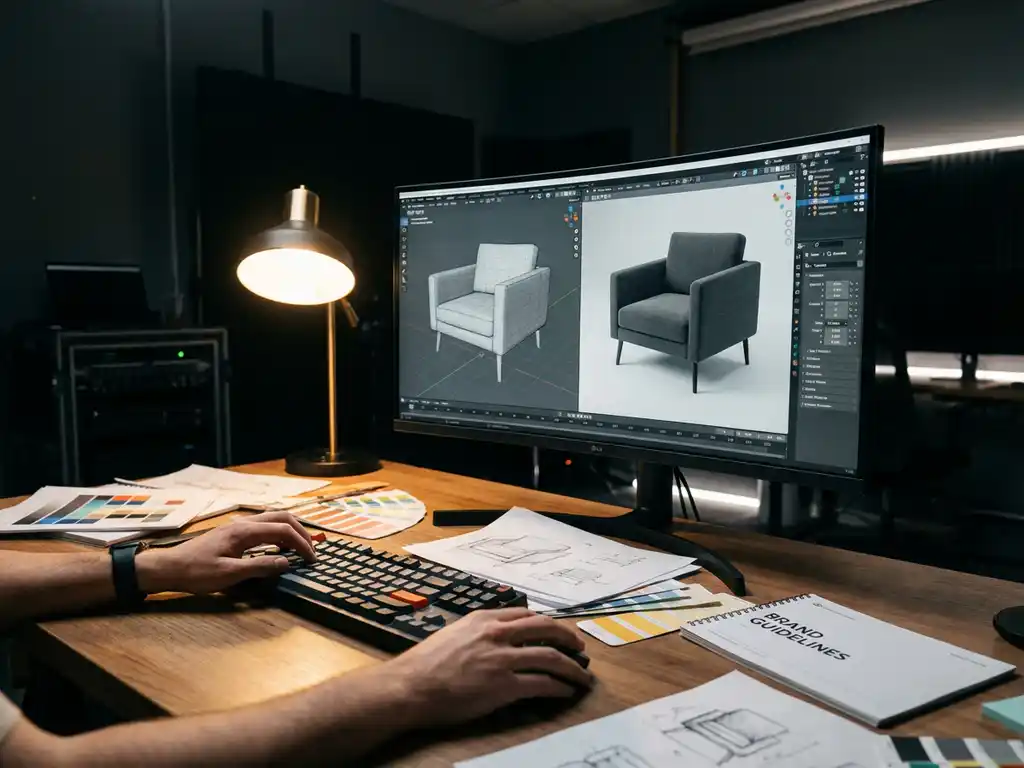 Modern armchair being 3D rendered on computer monitor with wireframe and textured versions, designer typing at workstation