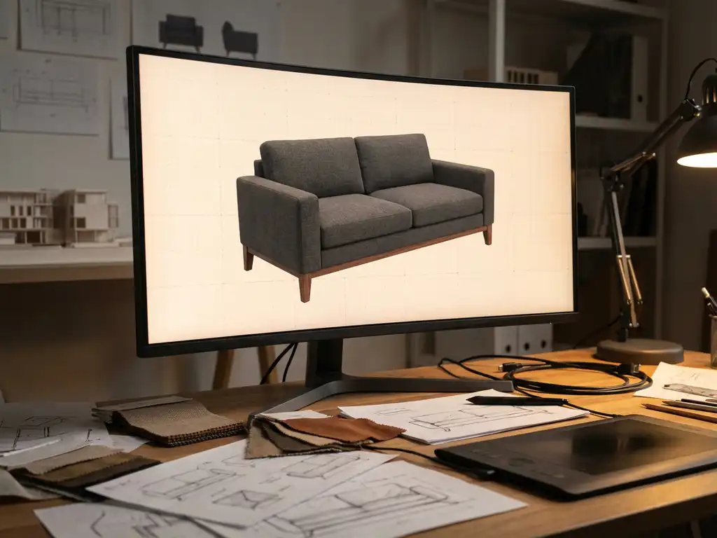 Modern sofa 3D model rotating on computer monitor in designer workspace with sketches and color swatches on desk