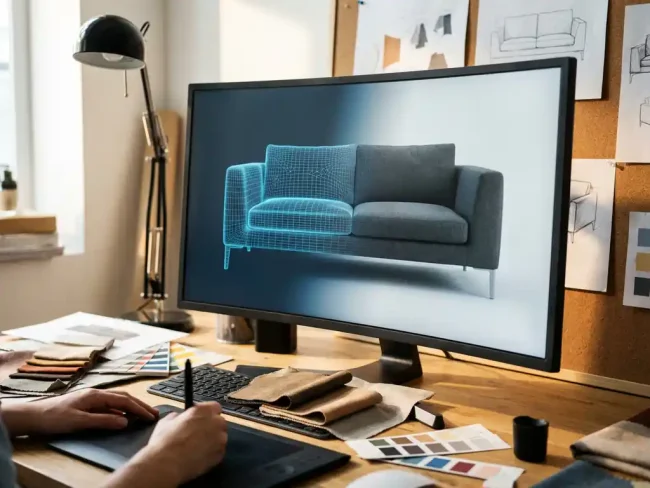 3D furniture design software rendering modern sofa on computer monitor in designer workspace with fabric samples and swatches