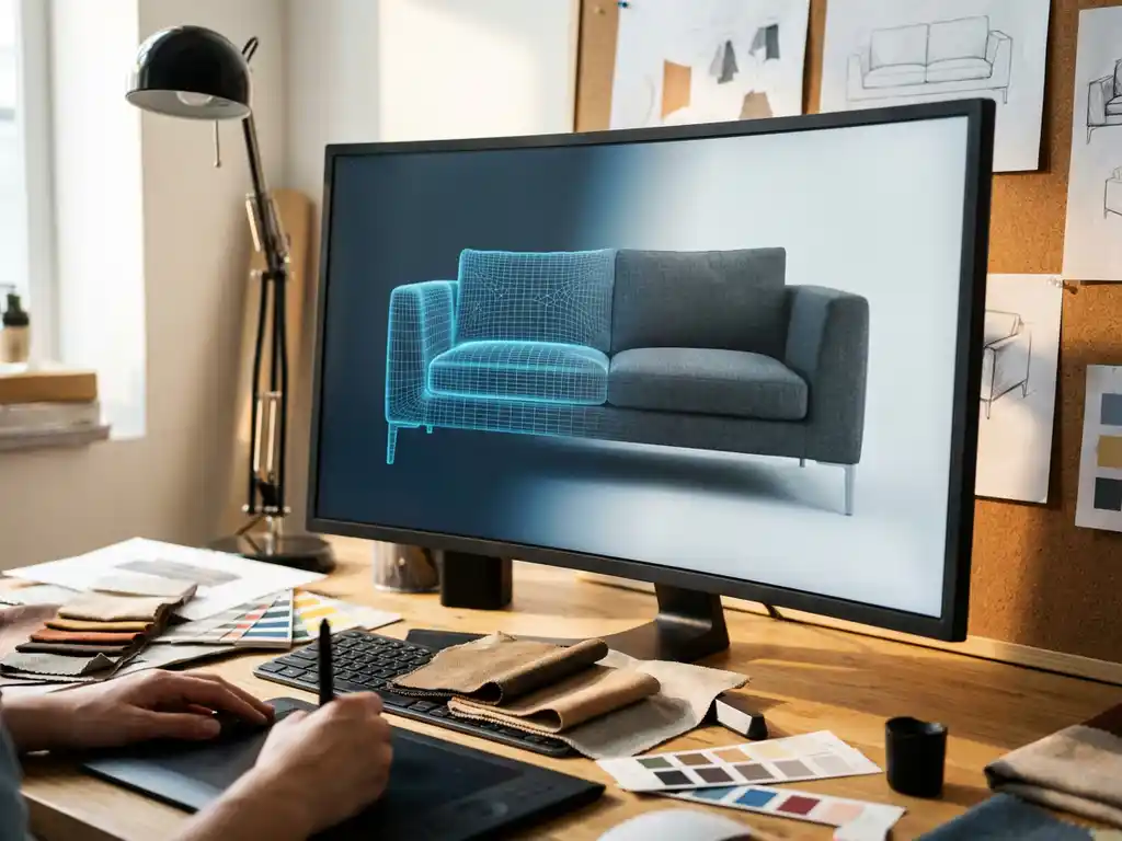 3D furniture design software rendering modern sofa on computer monitor in designer workspace with fabric samples and swatches