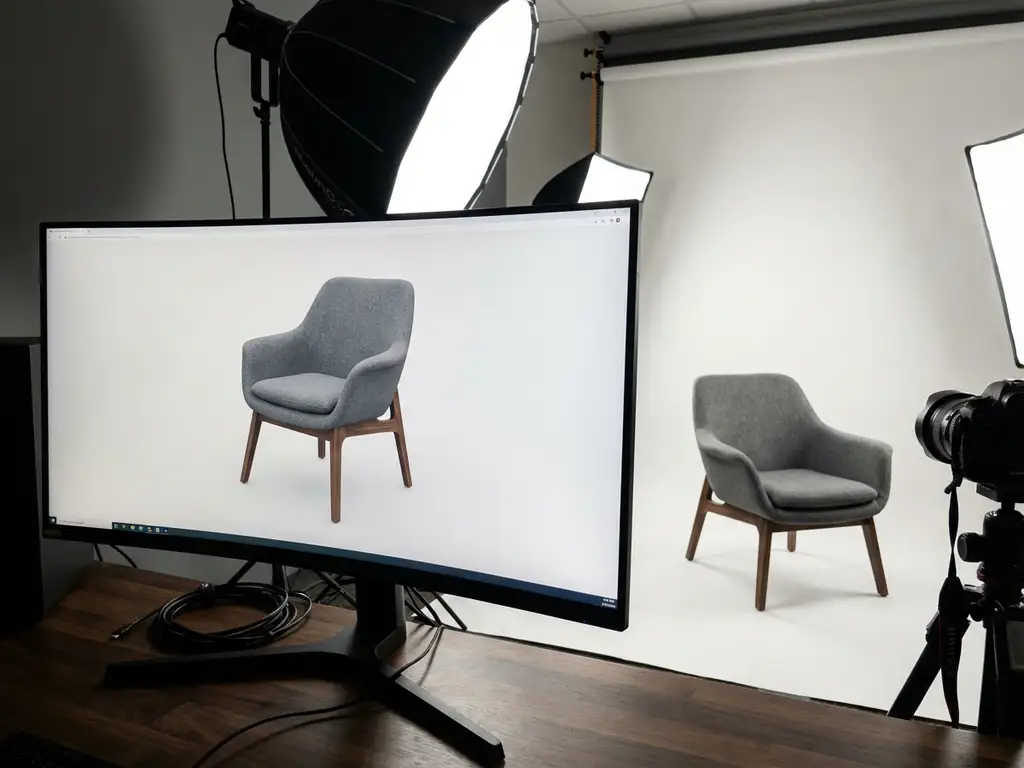Modern armchair 3D model rotating on computer monitor with physical chair beside workstation in professional studio setup