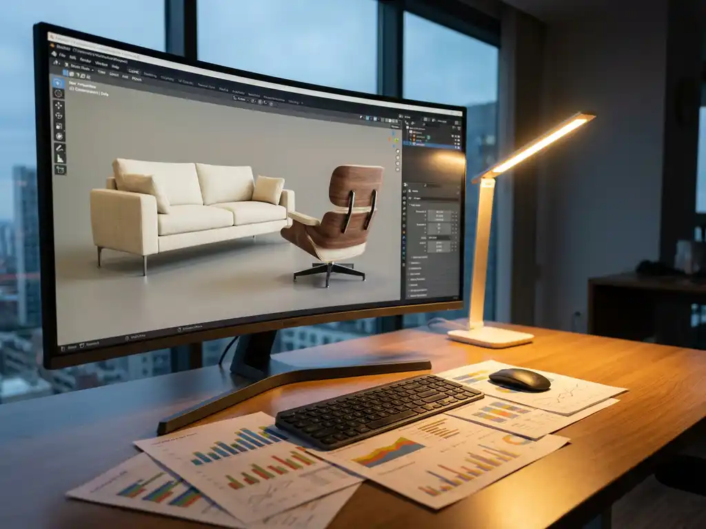 Computer monitor displaying 3D furniture renderings and rotating chair model on modern office desk with analytics papers