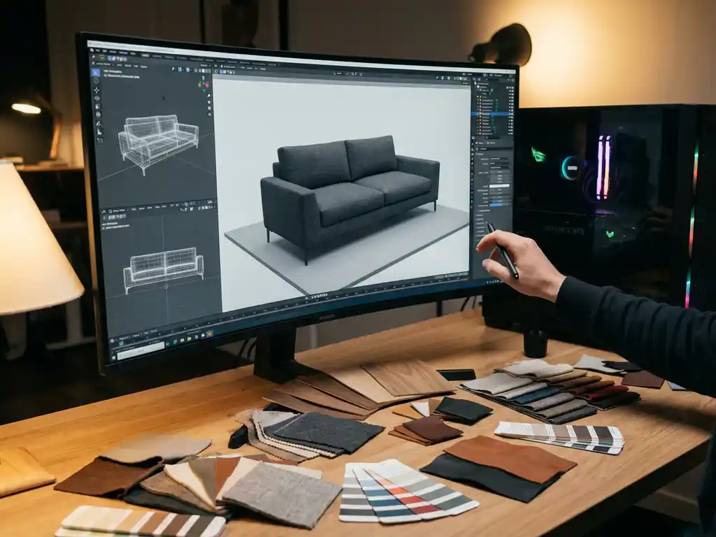 Interior designer using 3D modeling software to render modern sofa with realistic textures on computer workstation
