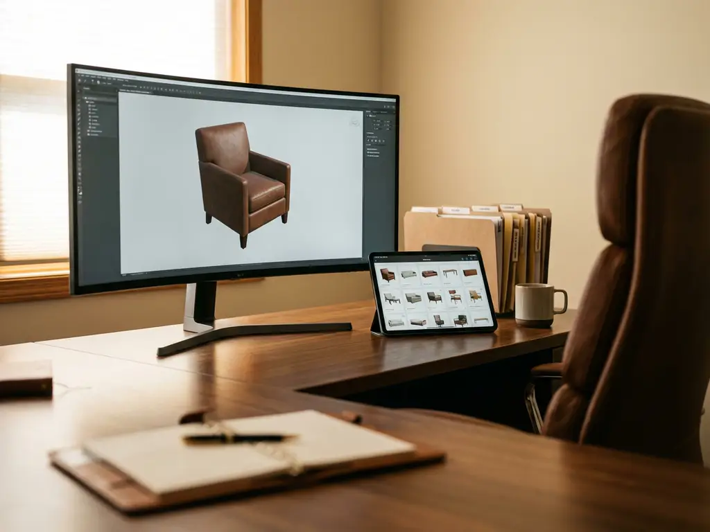 Modern office desk with leather chair and 4K monitor displaying 3D furniture rendering, surrounded by organized files and tablet