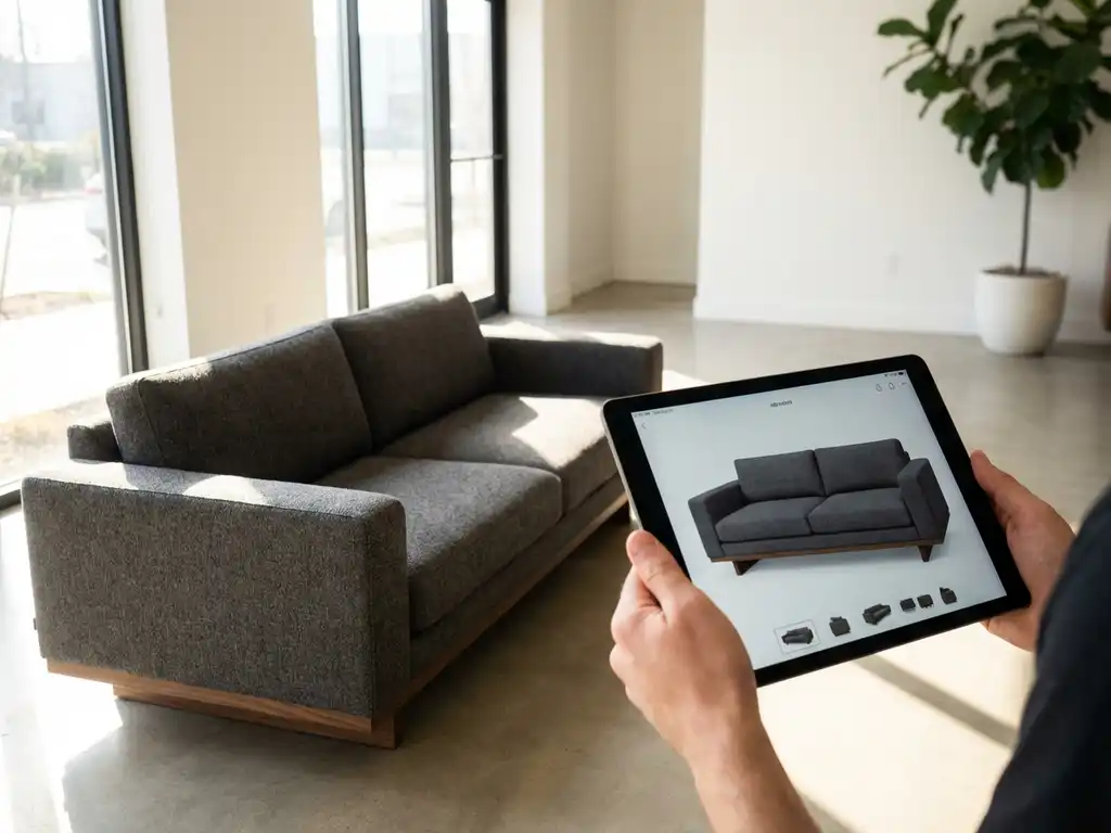 Modern sofa in minimalist showroom with person viewing 3D furniture model on tablet, natural lighting through windows