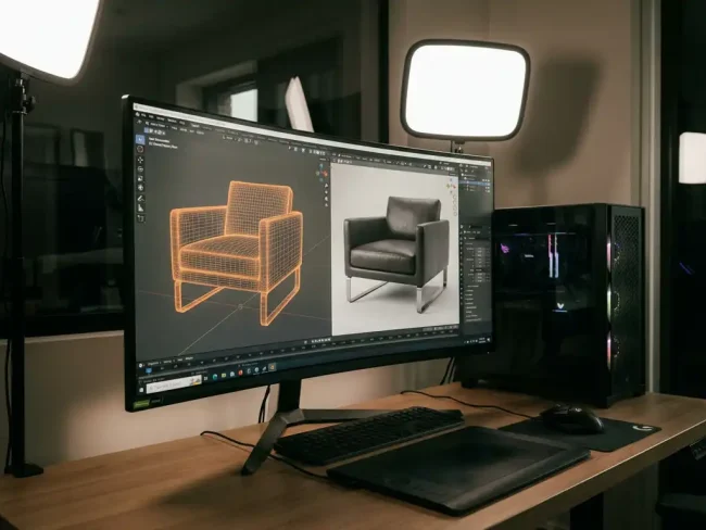 Modern armchair being 3D rendered on computer workstation with wireframe and textured views displayed on large monitor