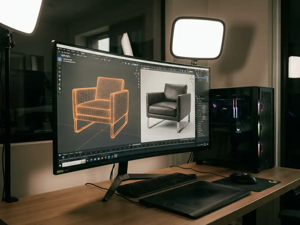 Modern armchair being 3D rendered on computer workstation with wireframe and textured views displayed on large monitor