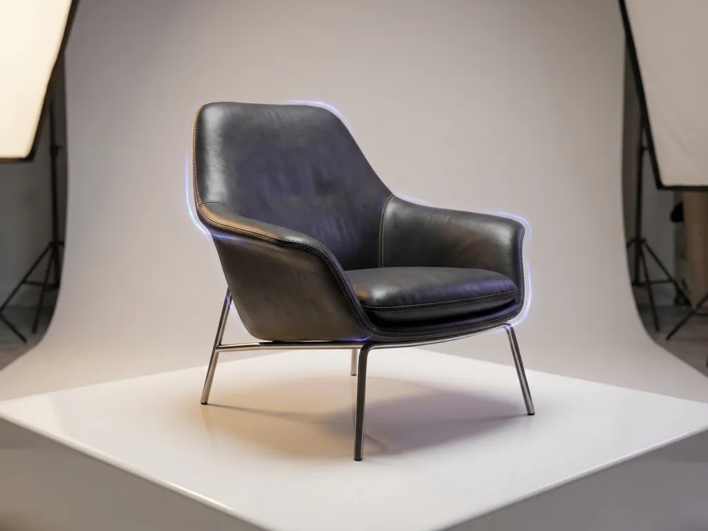 Modern leather armchair with detailed stitching on white surface, 3D rendered with holographic shimmer effects and studio lighting.