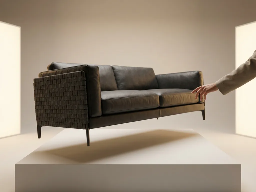 Modern leather sofa floating above white surface with person's hand reaching toward 3D rendered furniture in studio lighting