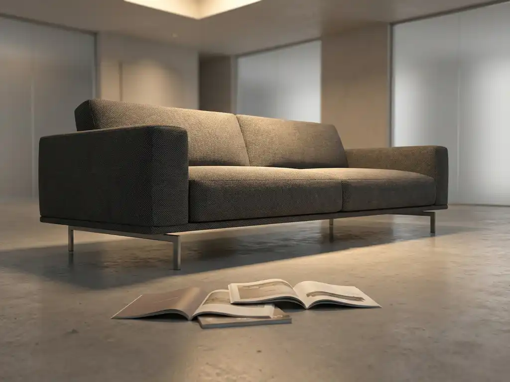 Modern 3D rendered sofa in minimalist showroom with ambient lighting, concrete floors, and furniture catalogs nearby.