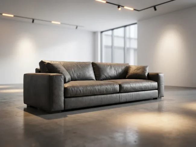 Modern leather sofa with detailed stitching in minimalist showroom with warm lighting and polished concrete floors