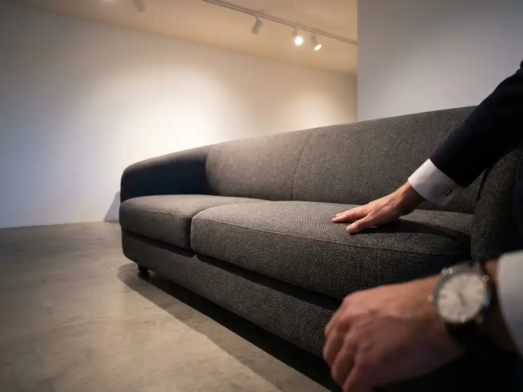 Modern sofa in minimalist showroom with customer's hand reaching to touch realistic fabric texture under warm lighting.