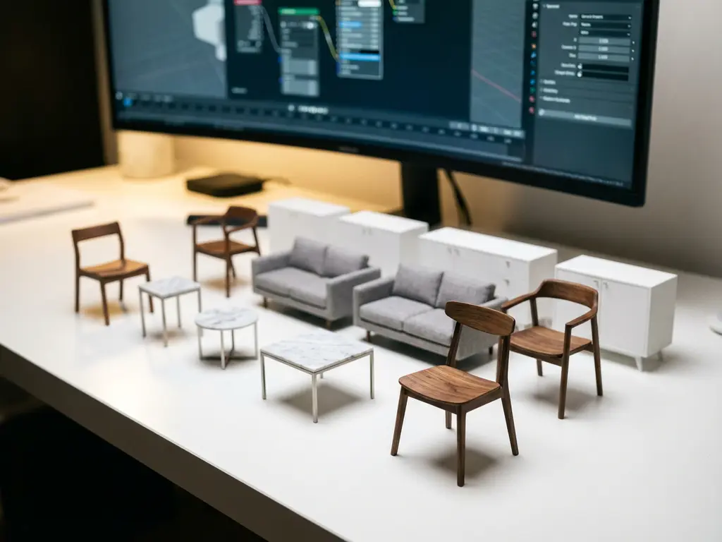 3D rendered furniture models including wooden chairs, tables, sofas and cabinets displayed on modern office desk with computer monitor