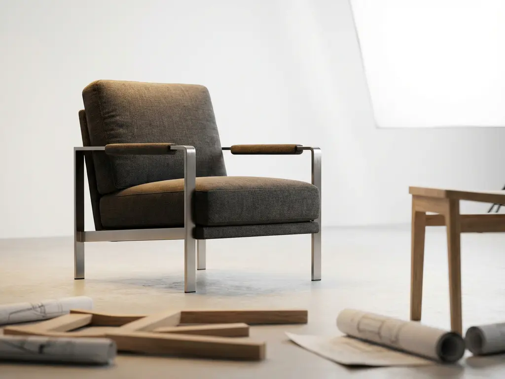 Modern 3D rendered armchair with fabric upholstery and metal frame in minimalist studio with furniture sketches
