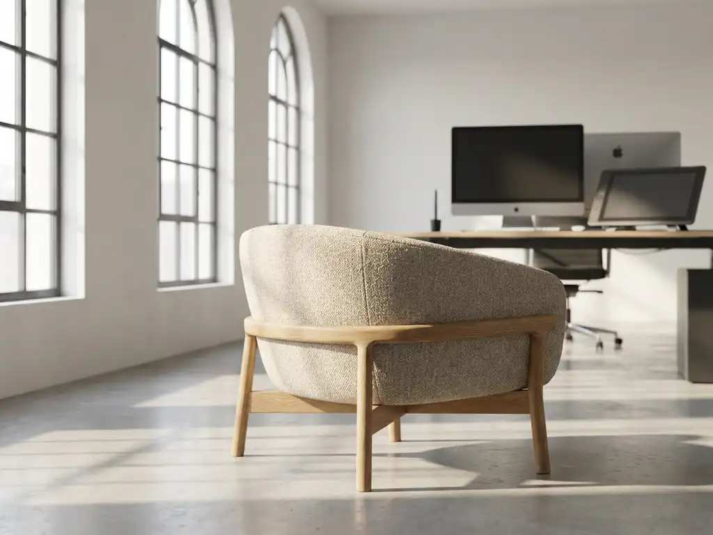 Modern armchair with realistic fabric and wood textures in bright contemporary studio with natural lighting and computer workstation