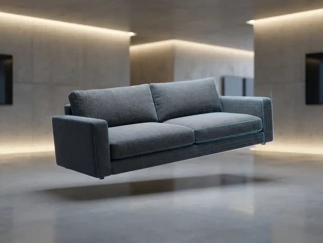 Modern gray sofa in minimalist showroom with 3D wireframe elements and warm lighting on concrete floors