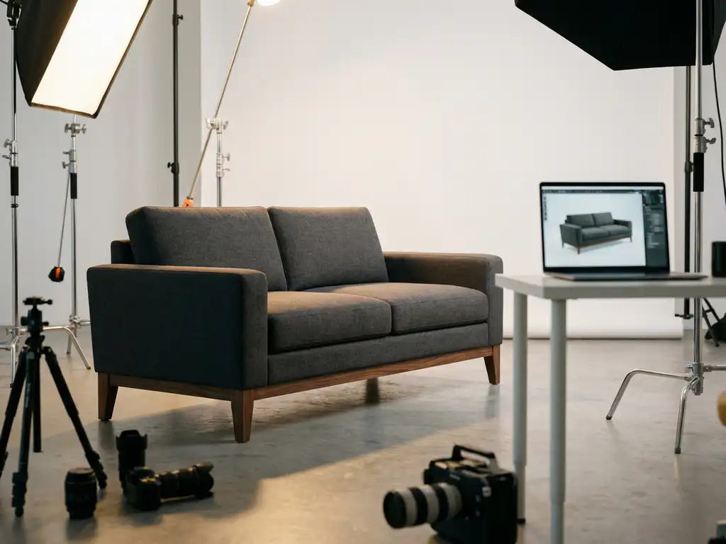 3D rendered modern sofa in minimalist photography studio with lighting equipment, camera gear, and laptop displaying furniture