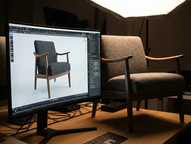 Modern armchair beside computer monitor displaying 3D digital rendering of the same chair with modeling software interface