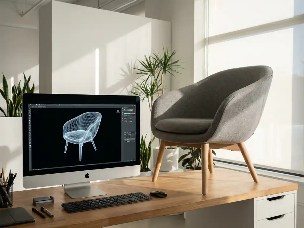 Modern armchair beside computer monitor displaying its 3D wireframe model in professional design studio with natural lighting.