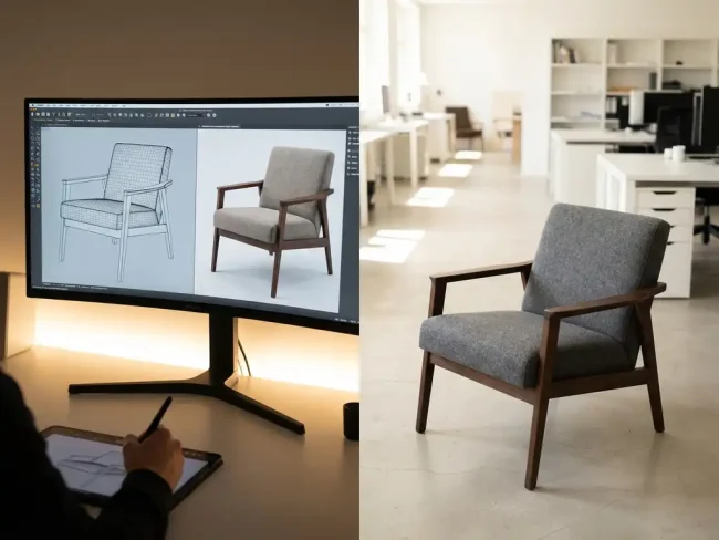 Modern armchair next to computer monitor displaying its 3D wireframe model in professional design studio with white surfaces and LED lighting.