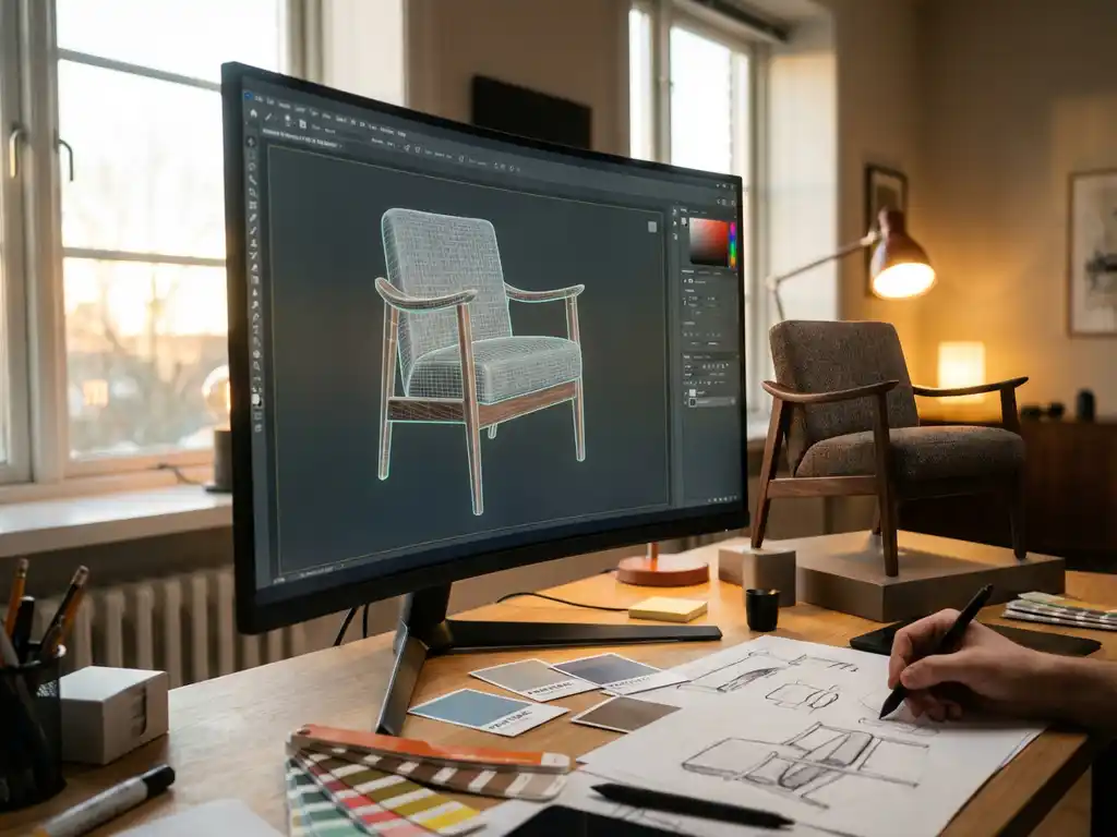 Modern armchair displayed on computer monitor showing 3D wireframe rendering beside physical chair model in designer workspace