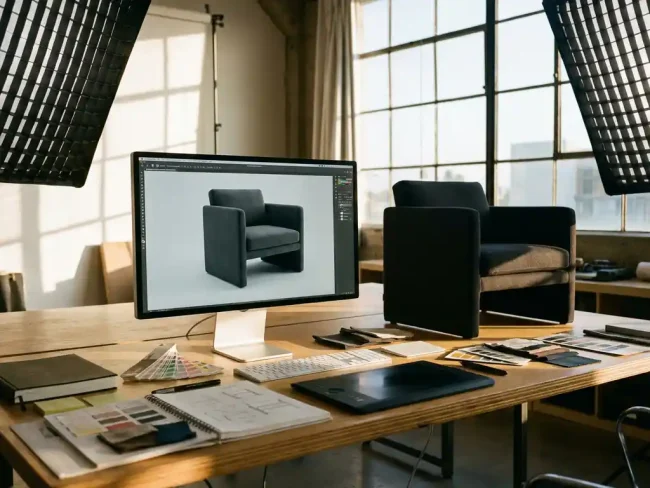 Modern armchair being 3D rendered on computer monitor next to physical chair model in design studio workspace