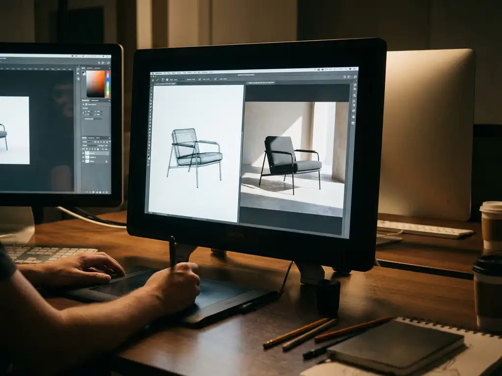 Designer using graphics tablet to create 3D rendered modern armchair on computer monitor in professional studio workspace