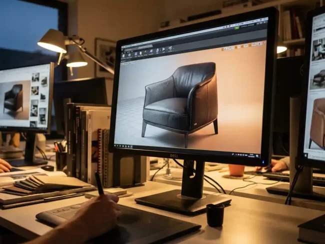 Modern leather armchair being 3D rendered on computer monitor in professional designer workspace with rendering software