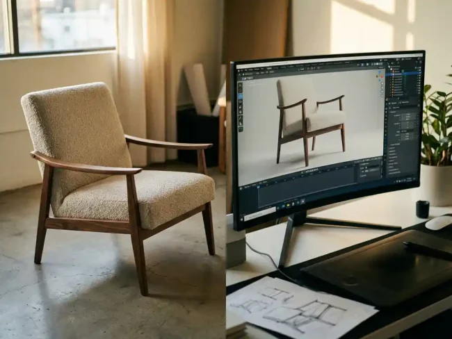 Modern armchair beside computer monitor displaying 3D rendering of the same chair in professional design workspace
