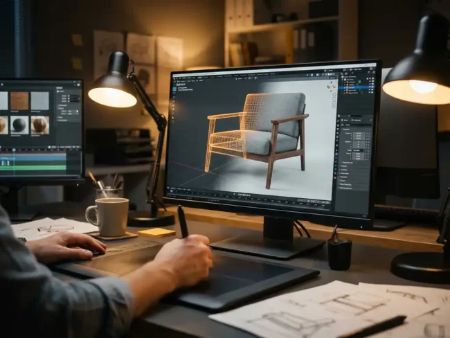 Modern armchair being 3D rendered on computer workstation with multiple monitors showing wireframe to photorealistic stages