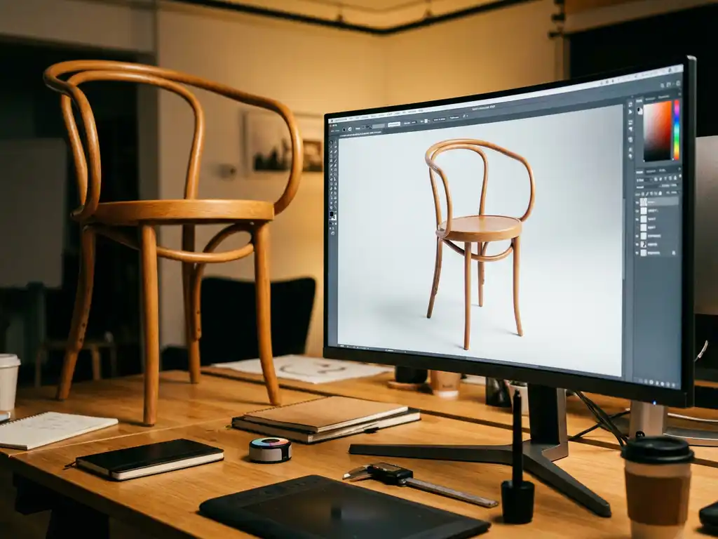 Modern wooden chair next to computer monitor displaying detailed 3D rendering of the same chair in professional studio setup
