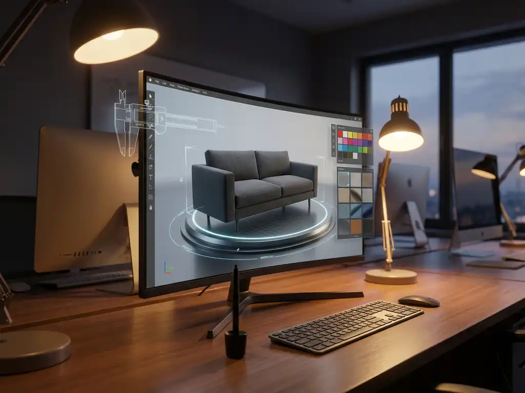 Modern sofa being crafted in 3D rendering workspace with measurement tools, color swatches, and studio lighting details.