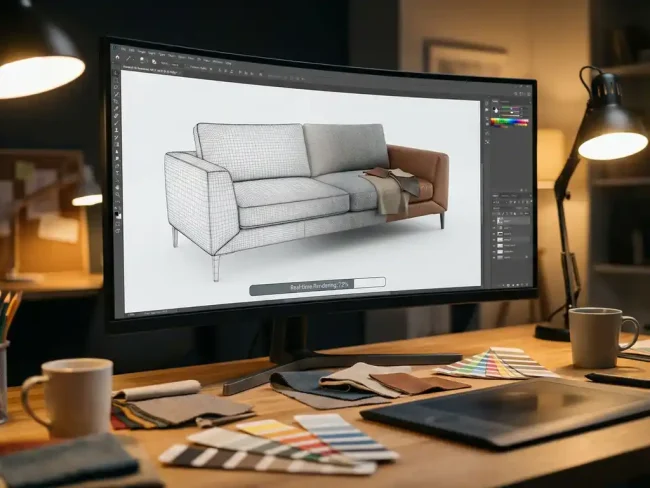 Modern sofa 3D rendering on computer monitor transforming from wireframe to photorealistic texture in designer workspace
