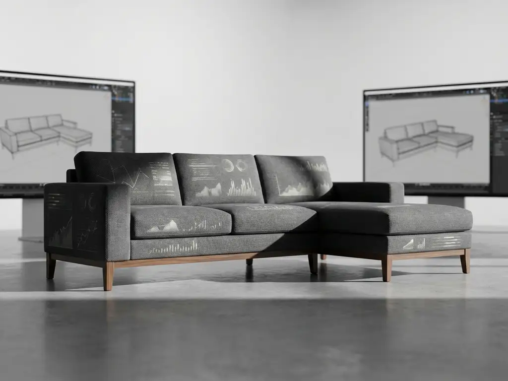 Modern 3D rendered sofa with geometric fabric patterns in minimalist studio with dramatic lighting and blurred monitors