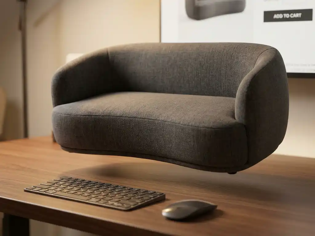 3D rendered modern sofa floating above wooden desk with computer mouse and keyboard, showcasing premium fabric texture
