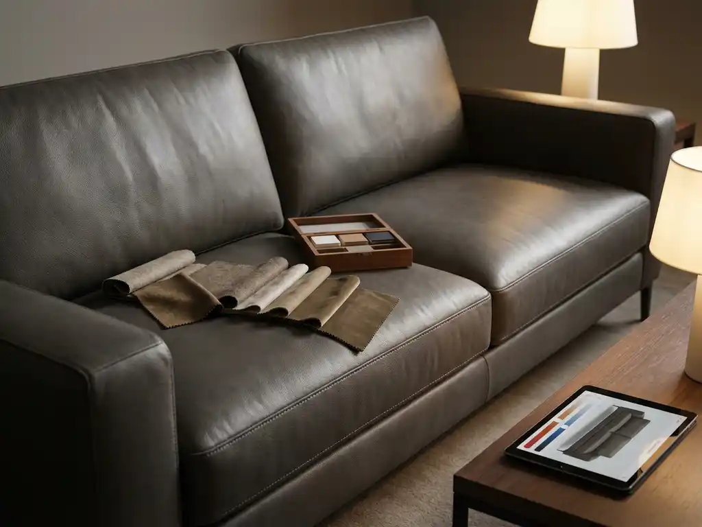 Modern leather sofa with fabric swatches and tablet showing 3D furniture customization interface in contemporary living room