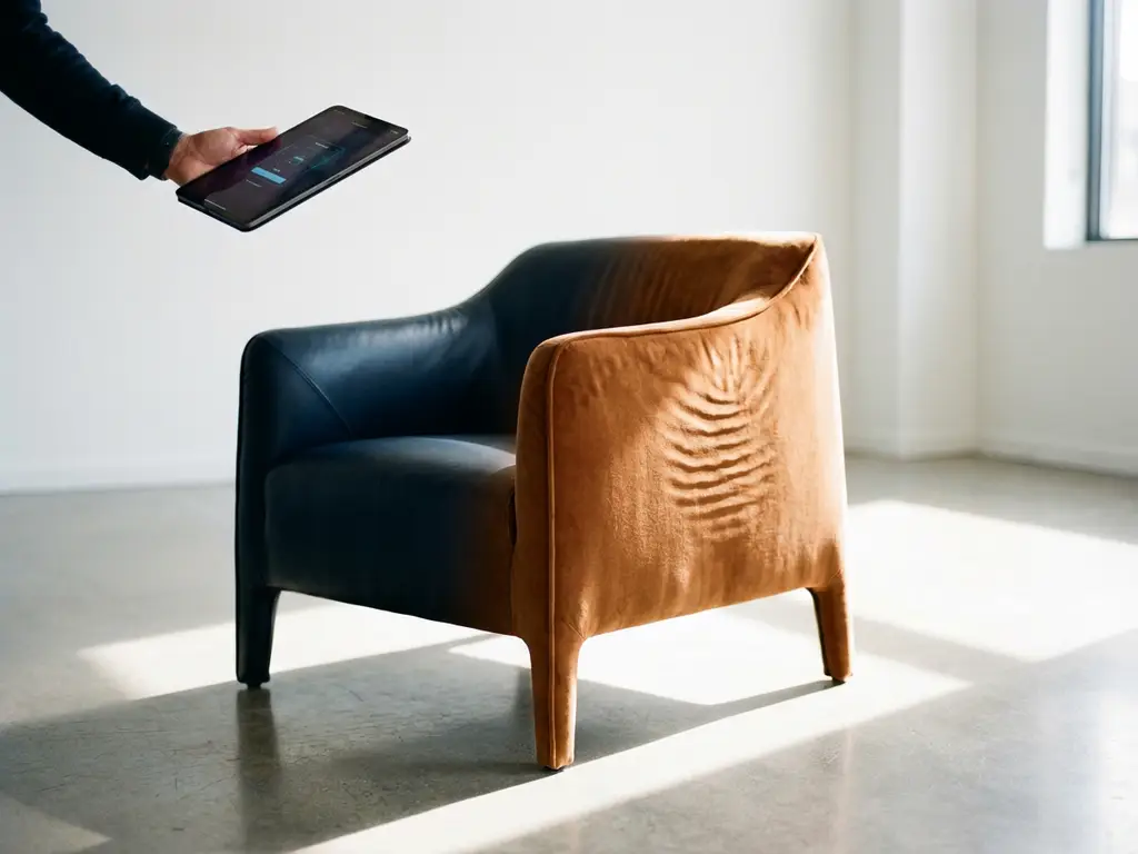 Modern armchair with customizable fabric and color options being controlled by designer with tablet in minimalist showroom