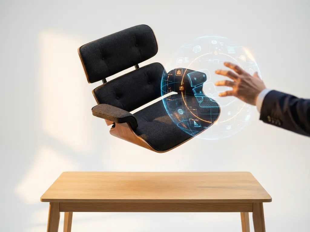 Modern armchair floating above wooden desk with holographic interface elements and designer's hand reaching to manipulate position