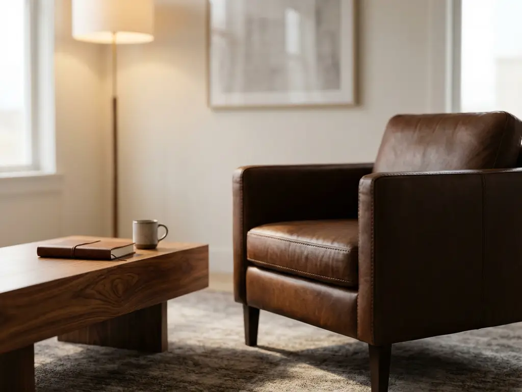 Modern brown leather armchair with detailed stitching next to wooden coffee table in minimalist living room