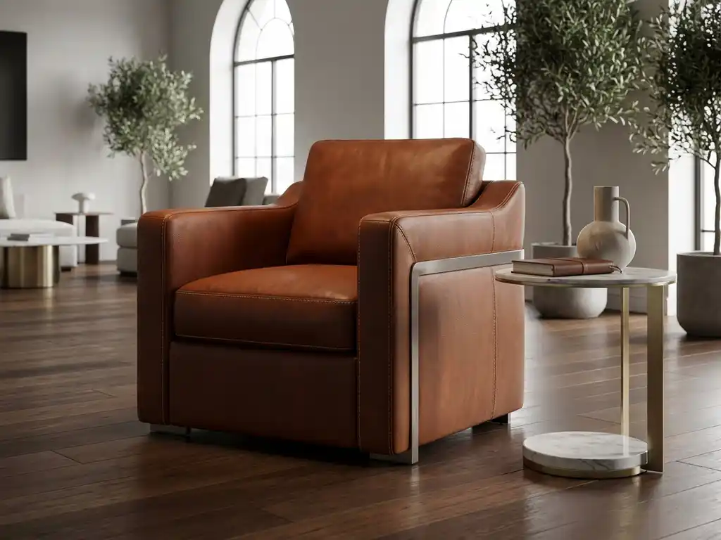 Modern leather armchair with detailed stitching in elegant showroom with hardwood floors and side table