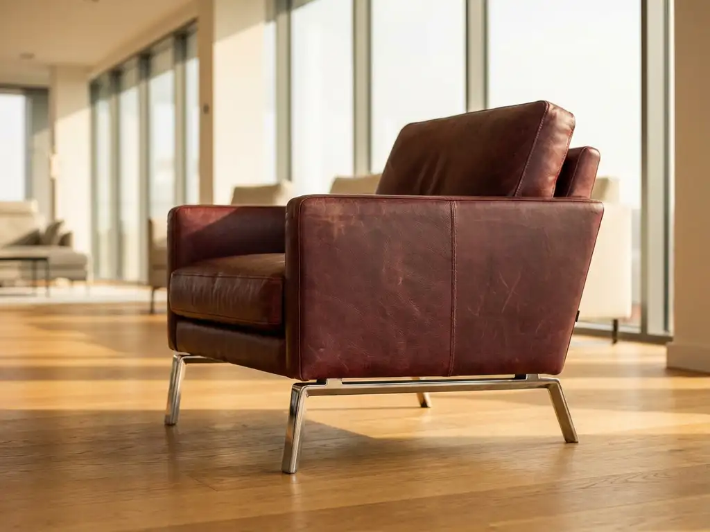 Burgundy leather armchair with chrome legs on hardwood floor in bright contemporary showroom with natural lighting.