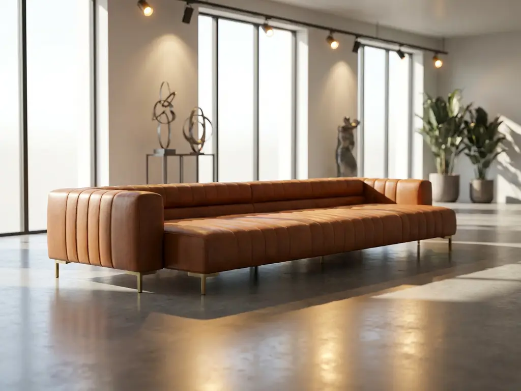 Modern leather sofa with detailed stitching in bright contemporary showroom with dramatic lighting and polished floors.