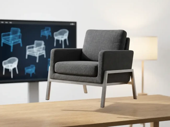 Modern armchair floating above wooden desk with computer monitor showing 3D furniture wireframes in professional studio setup