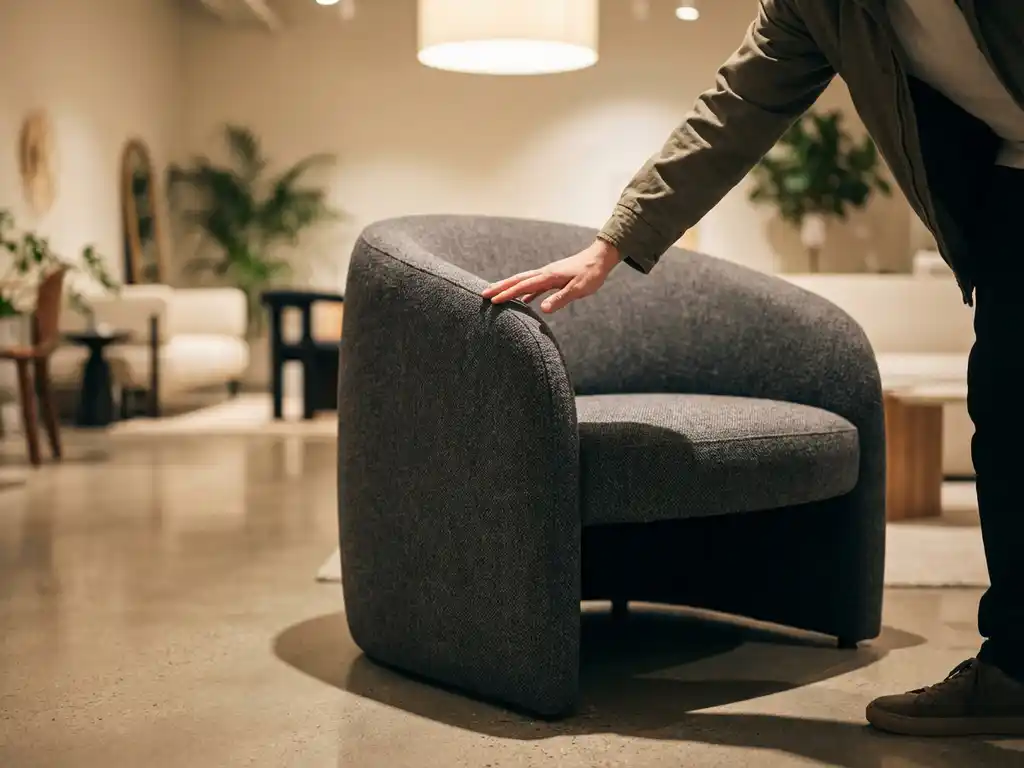 Modern armchair in contemporary furniture showroom with customer examining fabric texture under soft lighting
