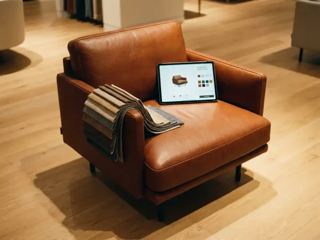 Modern leather armchair with fabric swatches and tablet showing 3D furniture customization options on wooden floor