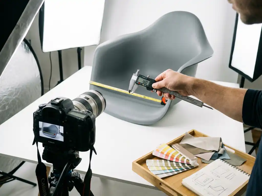 Modern armchair on white studio table with measuring tools, camera equipment, and professional lighting for product photography